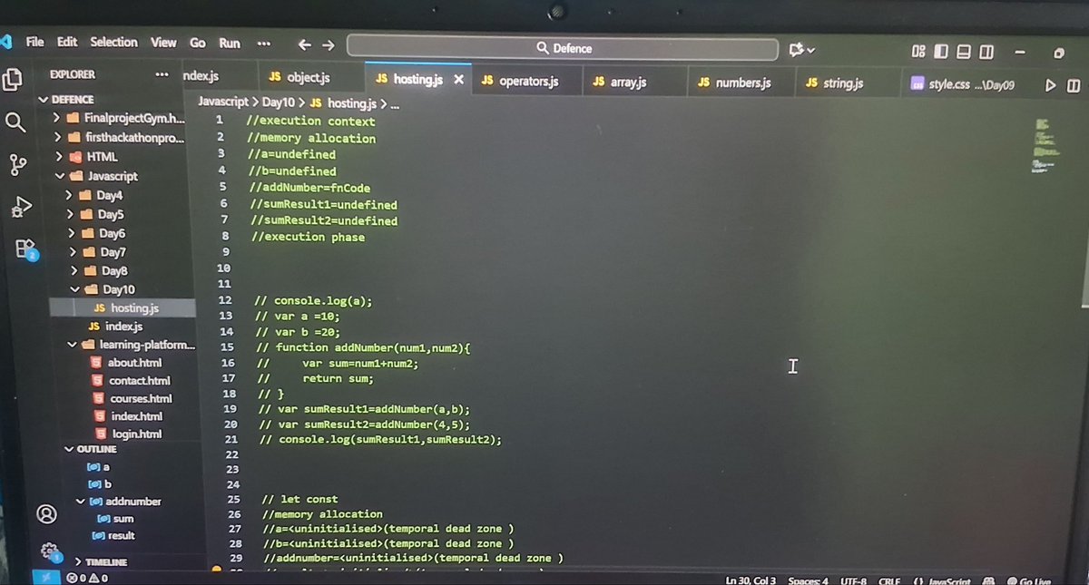 preeti_kus2007's tweet image. Today I explored some deep java script concepts that build the foundation for understanding how code actually runs.
1)Hoisting-how variable and functions are moved to the top during compilation.
2)Memory allocation and execution phase .
Scope , closures and HOF.