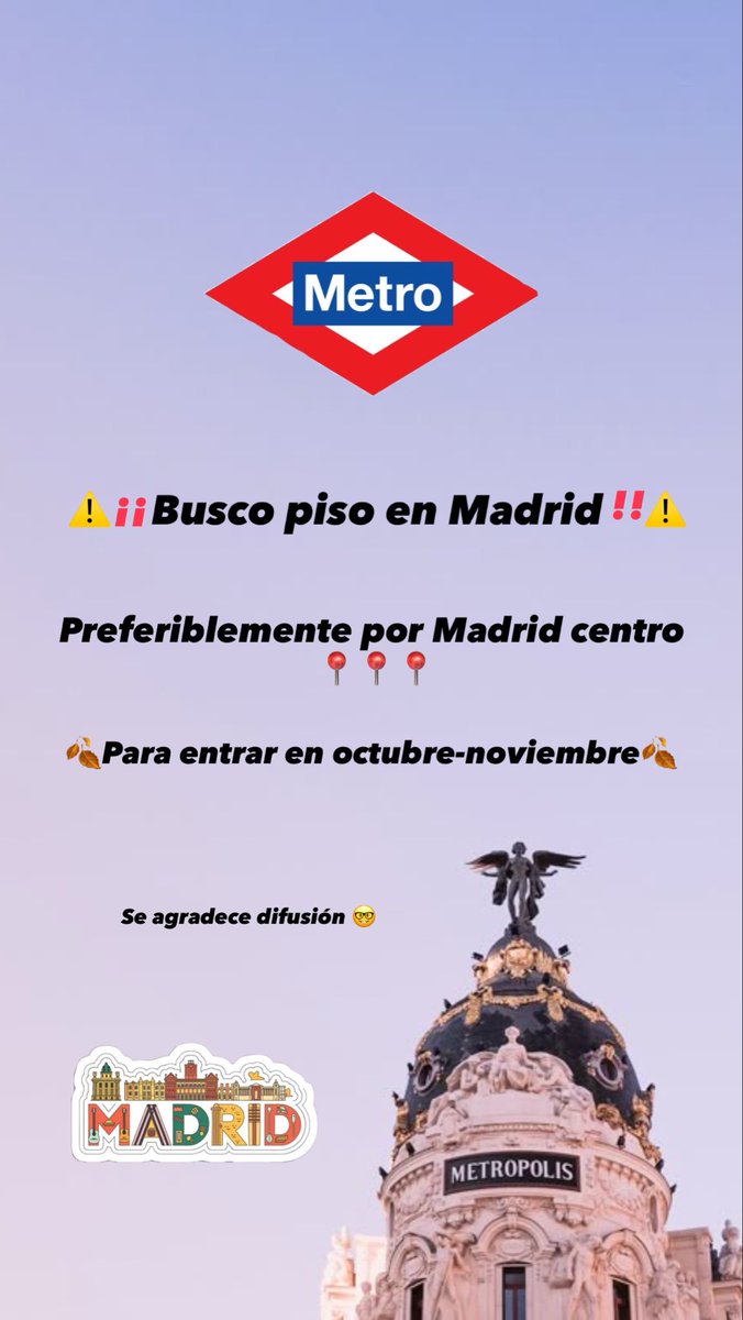 Carloscuarto_'s tweet image. Hola!! 
Busco piso en Madrid, entrada inmediata (octubre-noviembre)

Se agradece difusión! Gracias!!
#pisomadrid #habitacionmadrid #madrid #alquilermadrid