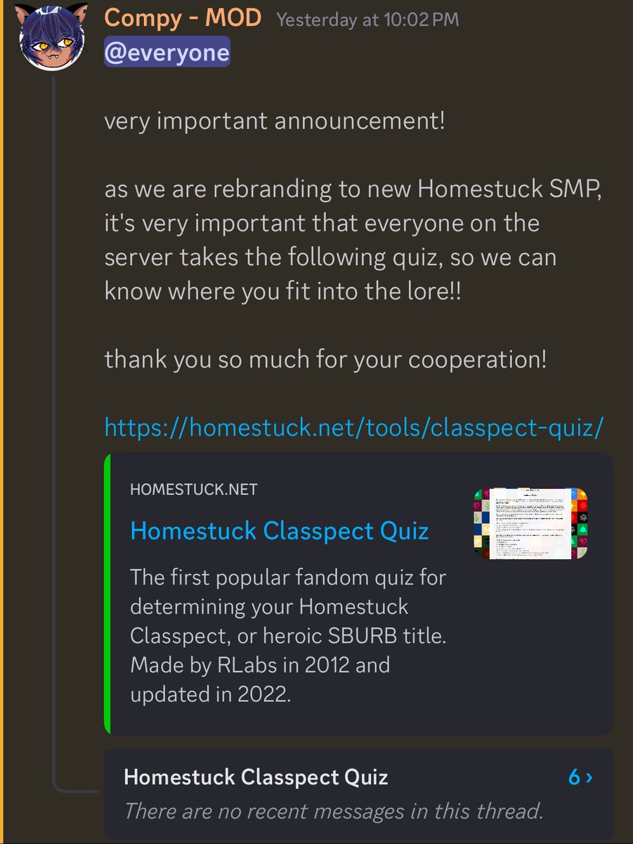 Welichor's tweet image. I want the people to know that the TNSMP members are taking the Homestuck classpect quiz in the discord

@TotalNormalSMP
