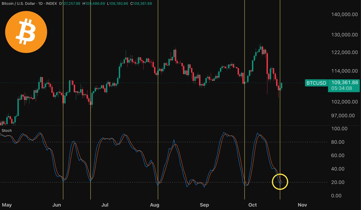 Strong chance for a Bitcoin bottom here.

The Daily Stochastic is now all the way down.

If the 4-year cycle is respected, now’s when the god candles are loading.

May the parabolic run begin 🫡