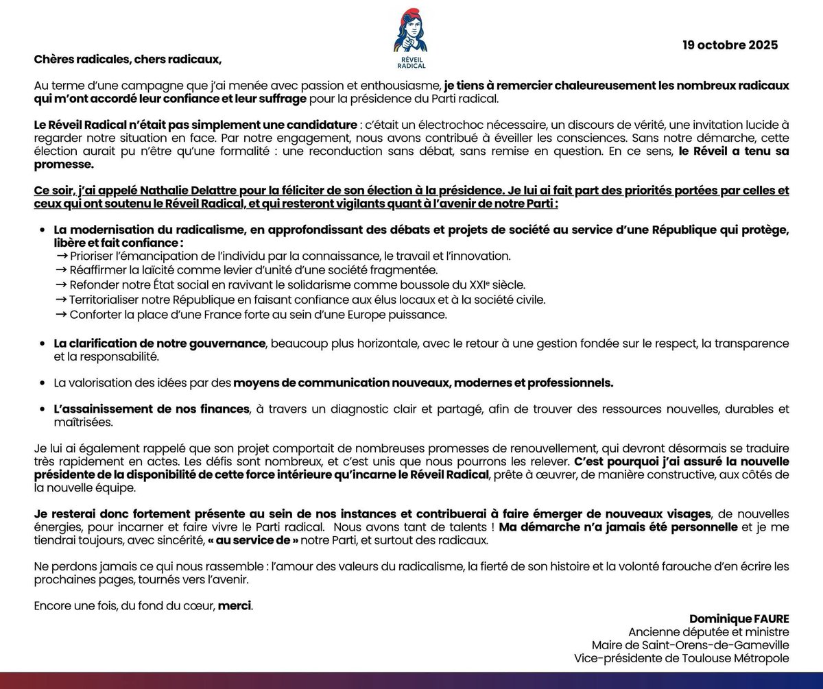Ce soir, la campagne à la présidence du <a href="/PartiRadical/">Parti Radical</a> est terminée. 

Je suis très heureux et honoré d’avoir pu accompagner et porter le programme de <a href="/FaureDominique/">Dominique Faure</a>, une femme d’entreprise brillante, une élue locale et nationale responsable, une ancienne ministre reconnue et