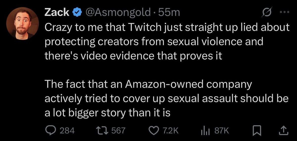 Asmongold drops a rare tweet (minus replies) on main to call out Twitch for a coverup in “lying about protecting creators” from SV/SA