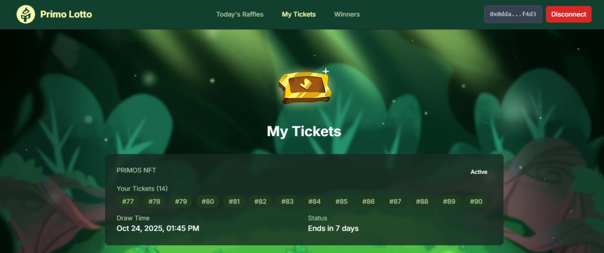 PRIMO LOTTO IS ON FIRE! 🎟️💚

I’ve got my 14 tickets ready for the <a href="/PrimosWarriors/">Primos Warriors</a>  NFT raffle, and I can’t contain my excitement 😭
The draw will take place on October 24, right in the most anticipated week,  the big Primos Land Mint 

What the Primos team has built is simply