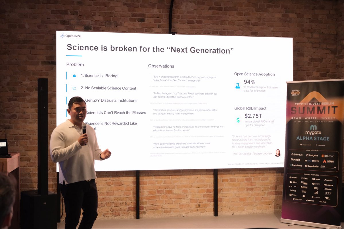 opendesciorg's tweet image. Honored to speak at Crypto Invest Summit Berlin at @w3_hub @CryptoInvestBln 

We discussed why science is broken for the next generation:
– 80%+ of research is locked behind paywalls
– Gen Z finds science inaccessible
– Scientists lack incentives &amp;amp; tools to share discoveries…