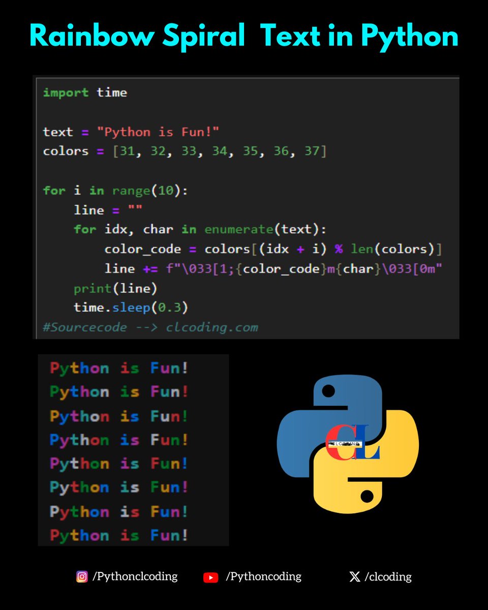 clcoding's tweet image. Rainbow Spiral Text in Python