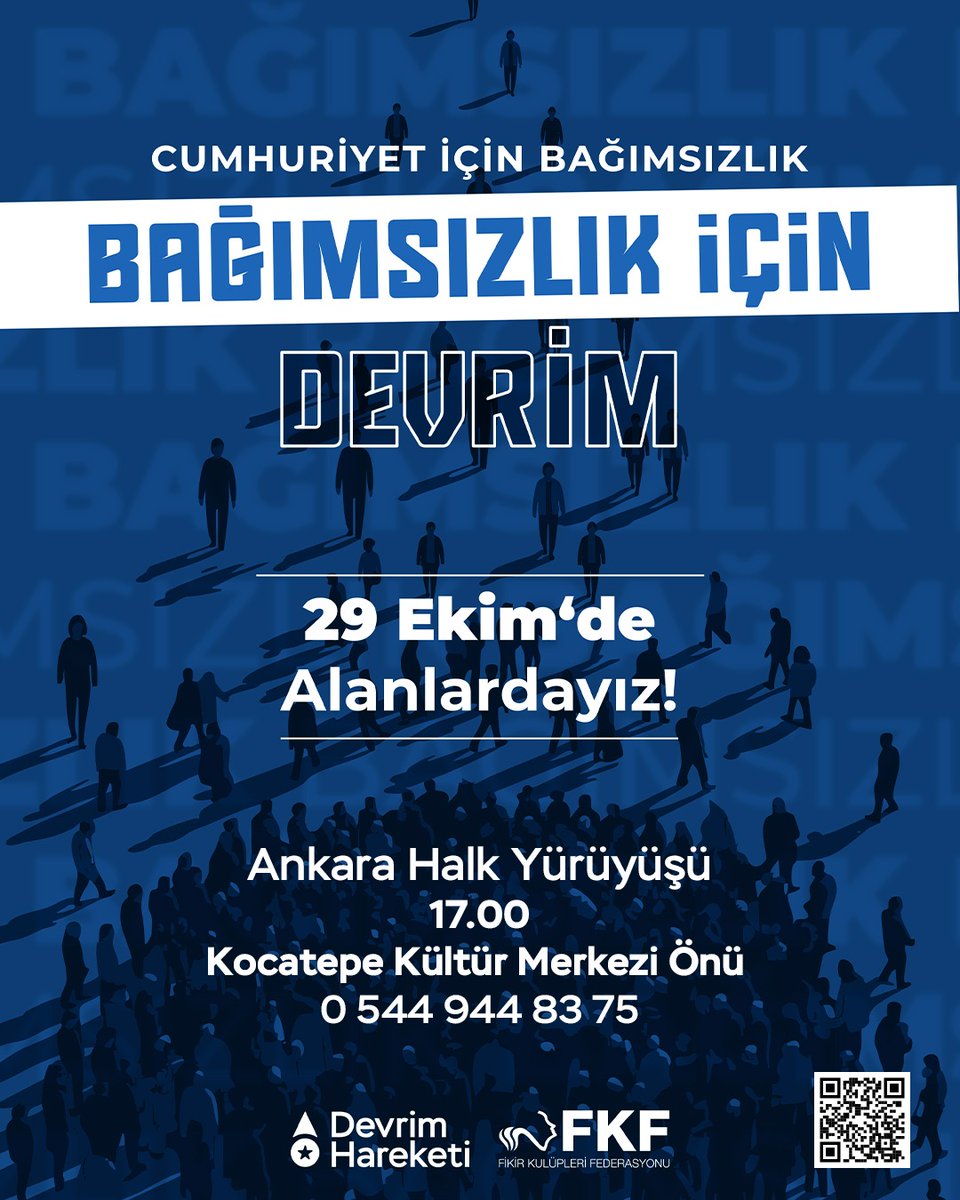 📢 Ankara Halk Yürüyüşü 

🗓 29 Ekim Çarşamba

📍Kocatepe Kültür Merkezi Önü

⏰️ 17.00

Cumhuriyet için Bağımsızlık
Bağımsızlık için Devrim

29 Ekim'de Alanlardayız!

Cumhuriyet’in ilanı üzerinden 102 yıl geçti. Cumhuriyet, bir halkın geri olandan kurtulma ve ileri çıkma