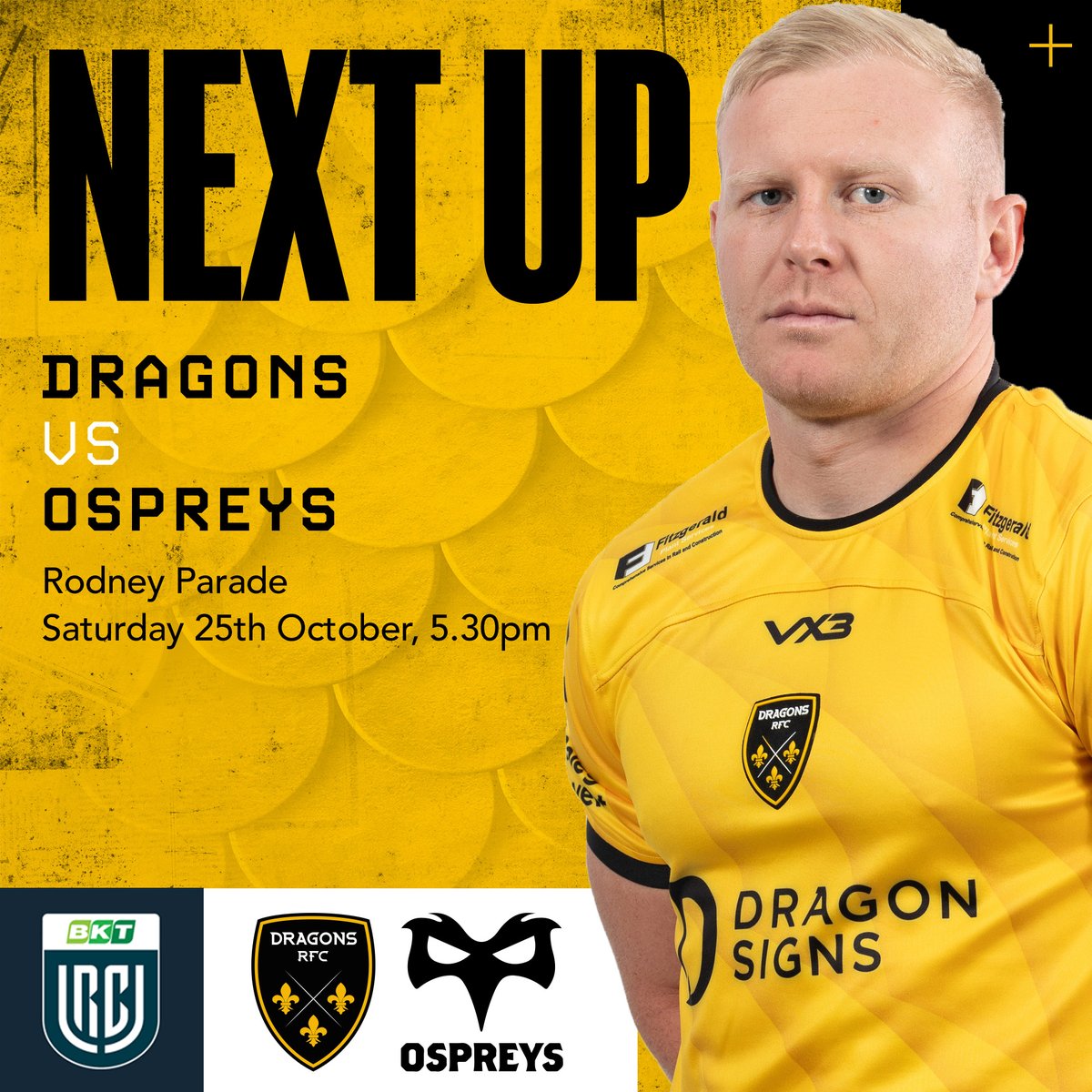 Dragons RFC π (@dragonsrfc) on Twitter photo π₯ π‘ππ«π§ π¨π£ | It's a big derby week on π  soil as we face our π΄σ §σ ’σ ·σ ¬σ ³σ Ώ rivals Ospreys in the <a href="/URCOfficial/">BKT United Rugby Championship (URC)</a> at Rodneyπ₯β¬οΈ
π <a href="/ospreys/">Ospreys</a> 
ποΈ <a href="/rodneyparade/">Rodney Parade</a>
π <a href="/URCOfficial/">BKT United Rugby Championship (URC)</a>
π  17:30pm
ποΈ eticketing.co.uk/dragons/
π 01633 670690
#WeAreGwentRugby π₯ π‘ππ«π§ π¨π£ | It's a big derby week on π  soil as we face our π΄σ §σ ’σ ·σ ¬σ ³σ Ώ rivals Ospreys in the <a href="/URCOfficial/">BKT United Rugby Championship (URC)</a> at Rodneyπ₯β¬οΈ
π <a href="/ospreys/">Ospreys</a> 
ποΈ <a href="/rodneyparade/">Rodney Parade</a>
π <a href="/URCOfficial/">BKT United Rugby Championship (URC)</a>
π  17:30pm
ποΈ eticketing.co.uk/dragons/
π 01633 670690
#WeAreGwentRugby