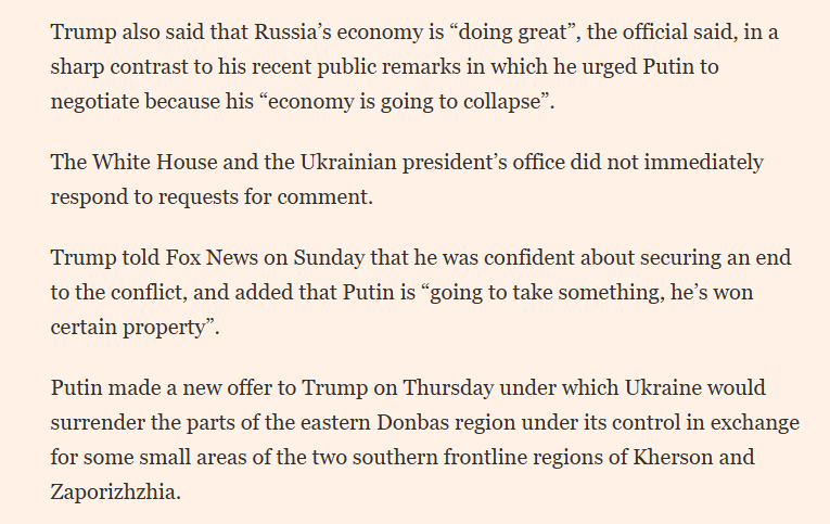 Trump also said that Russia’s economy is “doing great”, in a sharp contrast to his recent public remarks in which he urged Putin to negotiate because his “economy is going to collapse”. x.com/JuliaDavisNews…
