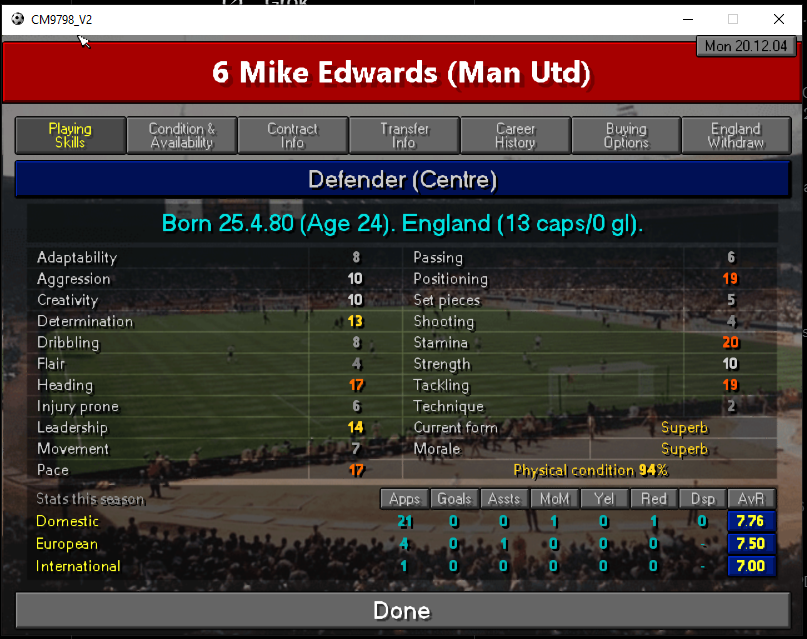 This is basically by far the best defender on an ongoing save. Are we at a point where it's safe to say, the game engine for mostly just uses Heading, Positioning and Tackling for his position? #CM9798