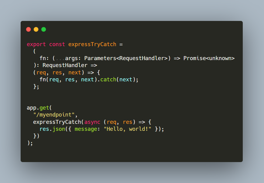 joeldev_'s tweet image. This function right here has been so unbelievable helpful, if a unhandled exception is thrown anywhere down that endpoint it forwards it to the error handler middleware.