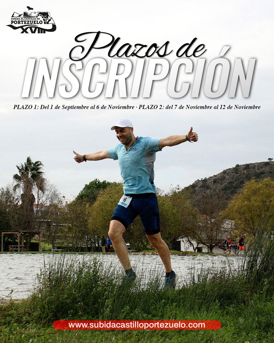 SubidaCastillo's tweet photo. 🏁 PLAZOS DE INSCRIPCIÓN

• Plazo 1: del 1 de septiembre al 6 de noviembre
• Plazo 2: del 7 de noviembre al 12 de noviembre

🌐 Más información en 👉 https://t.co/Gmj0Pl8oog
📝 Inscripciones 👉 https://t.co/eCnklTR7YM

📲 #ConquistaElCastillo #SubidaAlCastilloXVIII https://t.co/BnHAk3xbEu