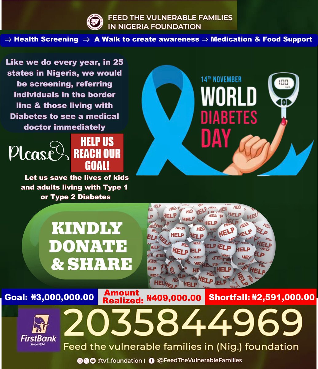 Our #WorldDiabetesDay outreach in 25 states is just around the corner and we need your support, donations, and reposts please

Kindly donate to support this noble cause, via

₦𝗮𝗶𝗿𝗮 𝗔𝗰𝗰𝗼𝘂𝗻𝘁 𝗗𝗲𝘁𝗮𝗶𝗹𝘀:
2035844969
First Bank
Feed the Vulnerable Families
in Nigeria