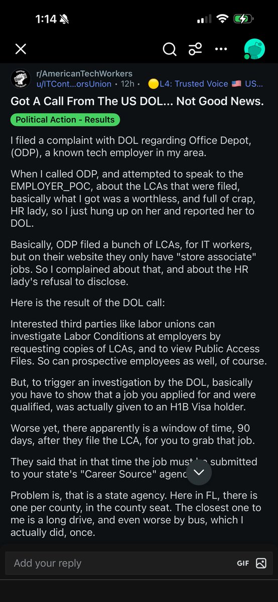 mangolassi93's tweet image. @USDOL @SecretaryLCD this is #OperationFirewall? 

A Redditor filed a report with DOL who called and said: 

To trigger an investigation by the DOL, you have to show that a job you applied for and were qualified, was actually given to an H1B. 

Very hard requirement. Not good…