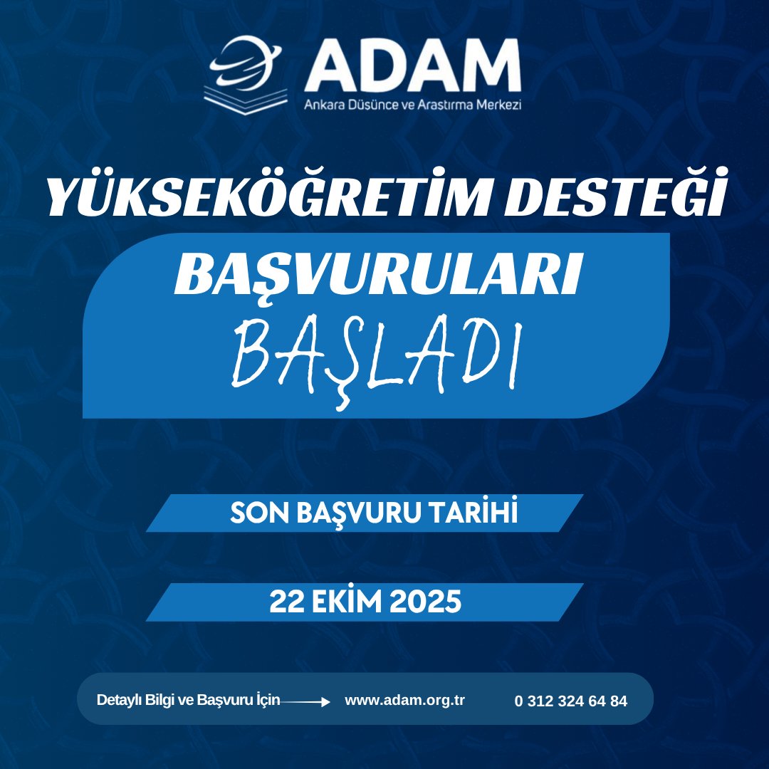 🎓 ADAM Vakfı 2025–2026 Akademik Yılı Yükseköğrenim Desteği Başvuruları Başladı

⌛Son Başvuru Tarihi: 
     22 Ekim 2025

📅Mülakat Tarihi : 
     25 Ekim 2025

📍ADAM Vakfı Külliyesi -
Hamamönü

Başvuru İçin
adam.org.tr