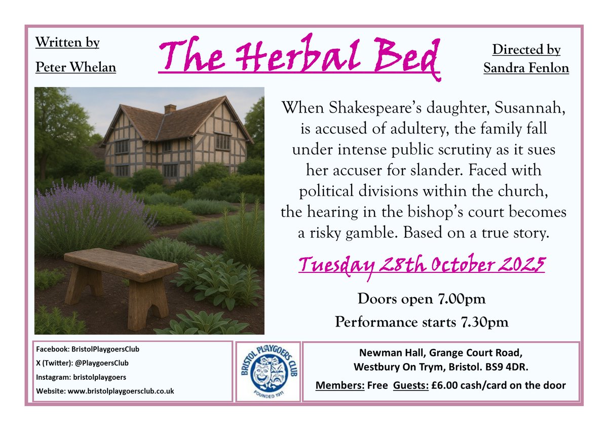 PlaygoersClub's tweet photo. Our next rehearsed play reading is based on a true story about Shakespeare's daughter: The Herbal Bed. https://t.co/gnzuboYJlB