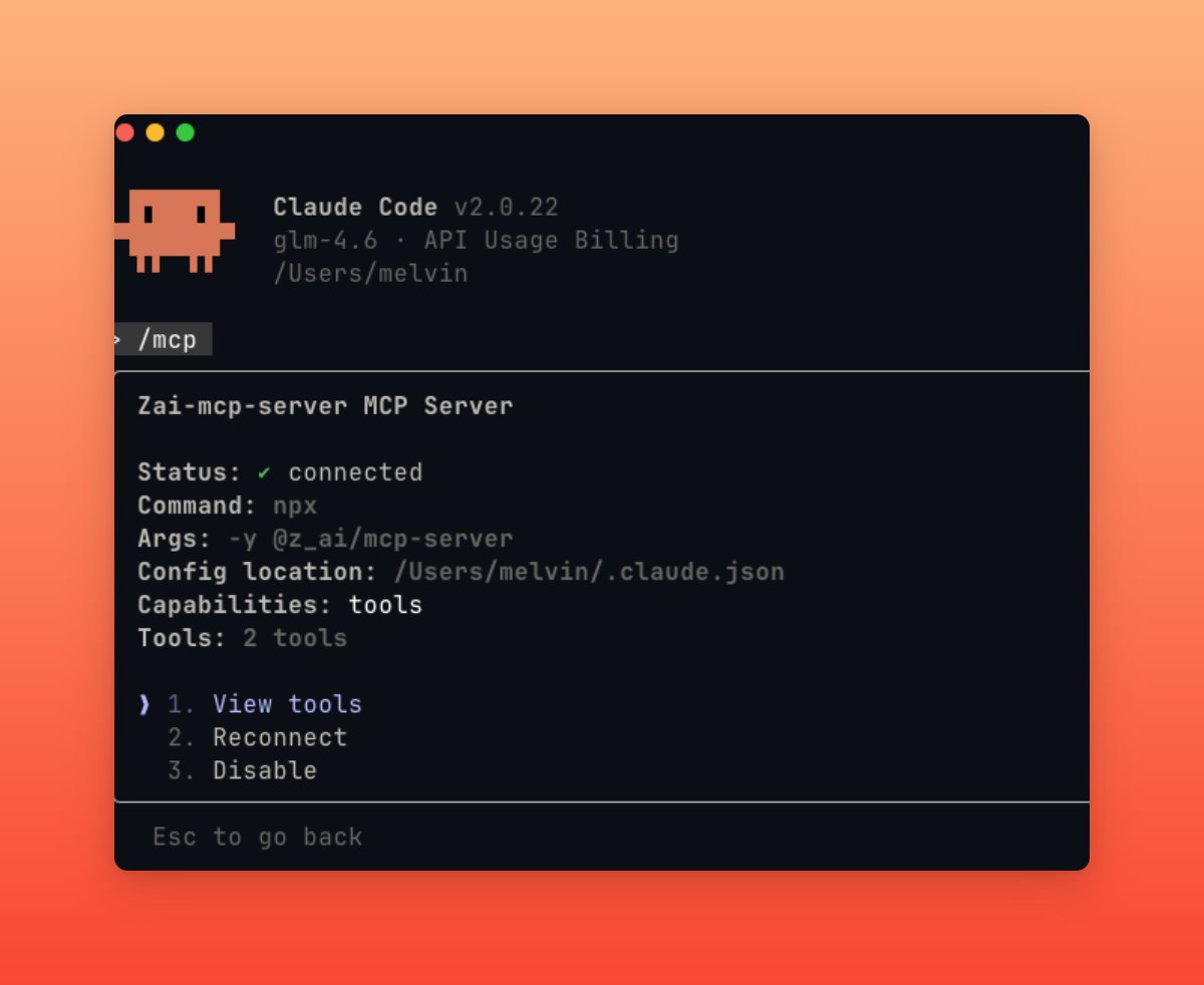 donvito's tweet image. If you need to send images to Claude Code using the GLM coding plan, configure the official vision mcp by @Zai_org
command:
claude mcp add -s user zai-mcp-server --env Z_AI_API_KEY=your_api_key Z_AI_MODE=ZAI -- npx -y "@z_ai/mcp-server"