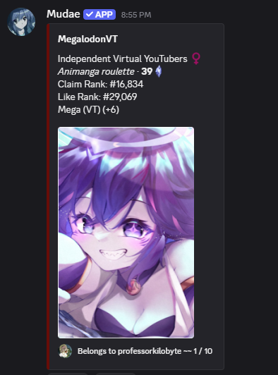 ProfKilobyte's tweet photo. Rolled MegalodonVT on Mudae.
The Lab has questions:
1) Bite radius?
2) Swim speed?
3) Favorite snack besides me.
Test Subjects, rate my luck.
#Mudae #VTubersEN #ENVTuber https://t.co/3irXCeC2OI