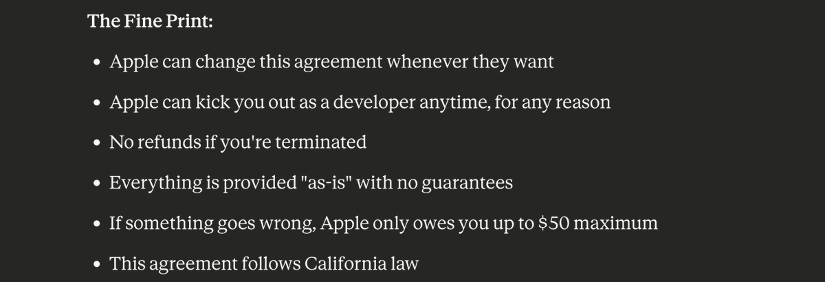 indiehackingguy's tweet image. "If something goes wrong, Apple owes you max $50"
Terms & Conditions of creating an Apple Developer Account: