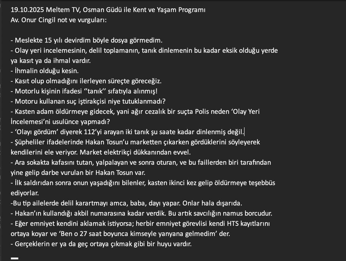 Hakan Tosun davasının Avukatlarından <a href="/onurcingil/">ONUR CİNGİL</a>  <a href="/osmangudu/">Osman Güdü</a> Kent Ve Yaşam Programında kamuoyu ile paylaştığı sorular. 👇 #HakanTosunaNeOldu 
#MotorluKatilNerede