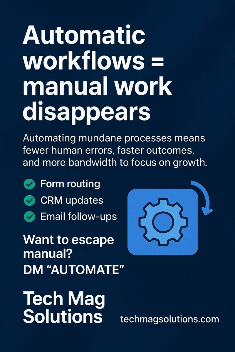 techmagsolution's tweet image. Automatic workflows = manual work disappears.
Automating mundane processes means fewer human errors, faster outcomes, and more bandwidth to focus on growth.
From form routing → CRM updates → email follow-ups — all automated.
🛠 Want to escape manual? DM “AUTOMATE”.