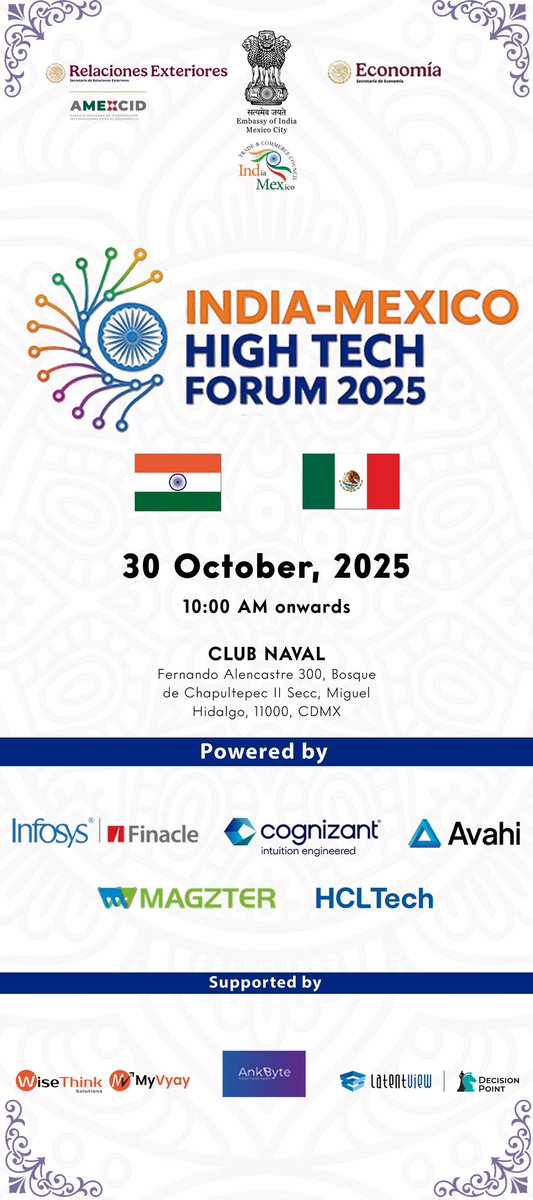 Nos vemos el 30 de octubre en el Club Naval, esta nueva edicion del India-Mexico HIGH TECH forum cambio de formato y nos permitira tener un dia de networking con inversionitas, Empresa desarrolladoras de tecnologia, Gobierno Federal y la clase Empresarial.