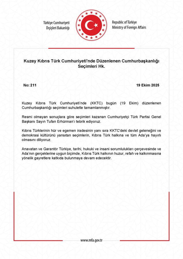 Official press release document on letterhead of T.C. Dışişleri Bakanlığı with Turkish flag emblem, titled Kuzey Kıbrıs Türk Cumhuriyeti'nde Düzenlenen Cumhurbaşkanlığı Seçimleri Hk., numbered No 211 dated 19 Ekim 2023, signed by Bakanlık Sözcüsü Öncü Keçeli, detailing evaluation of presidential election results in KKTC where Ersin Tatar was re-elected, including congratulations to Tatar and the people of KKTC, with website www.mfa.gov.tr at bottom.