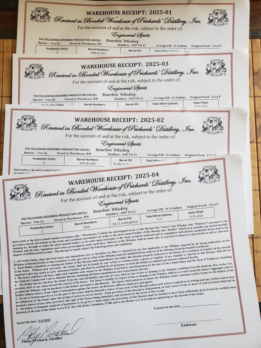 EngineerdSpirit's tweet image. When we barreled our first whiskey, the final step was adding inventory labels. When it’s time to bring them back to our distillery #downonthefarm, we&apos;ll sign the inventory certificates to transfer them from Prichard’s warehouse to our own bonded premises to finish aging.