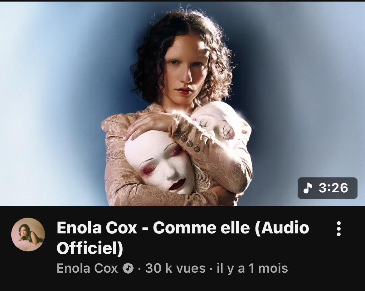 Aujourd’hui ça fait 1 mois que le titre « Comme Elle » de <a href="/enolacox26/">Enola Cox</a> est sorti !!

Le titre enregistre plus de 130 000 streams sur Spotify et 30 000 vues sur l’audio YouTube 

Bravo Enola pour ce magnifique titre et allez stream ce bop 🩵