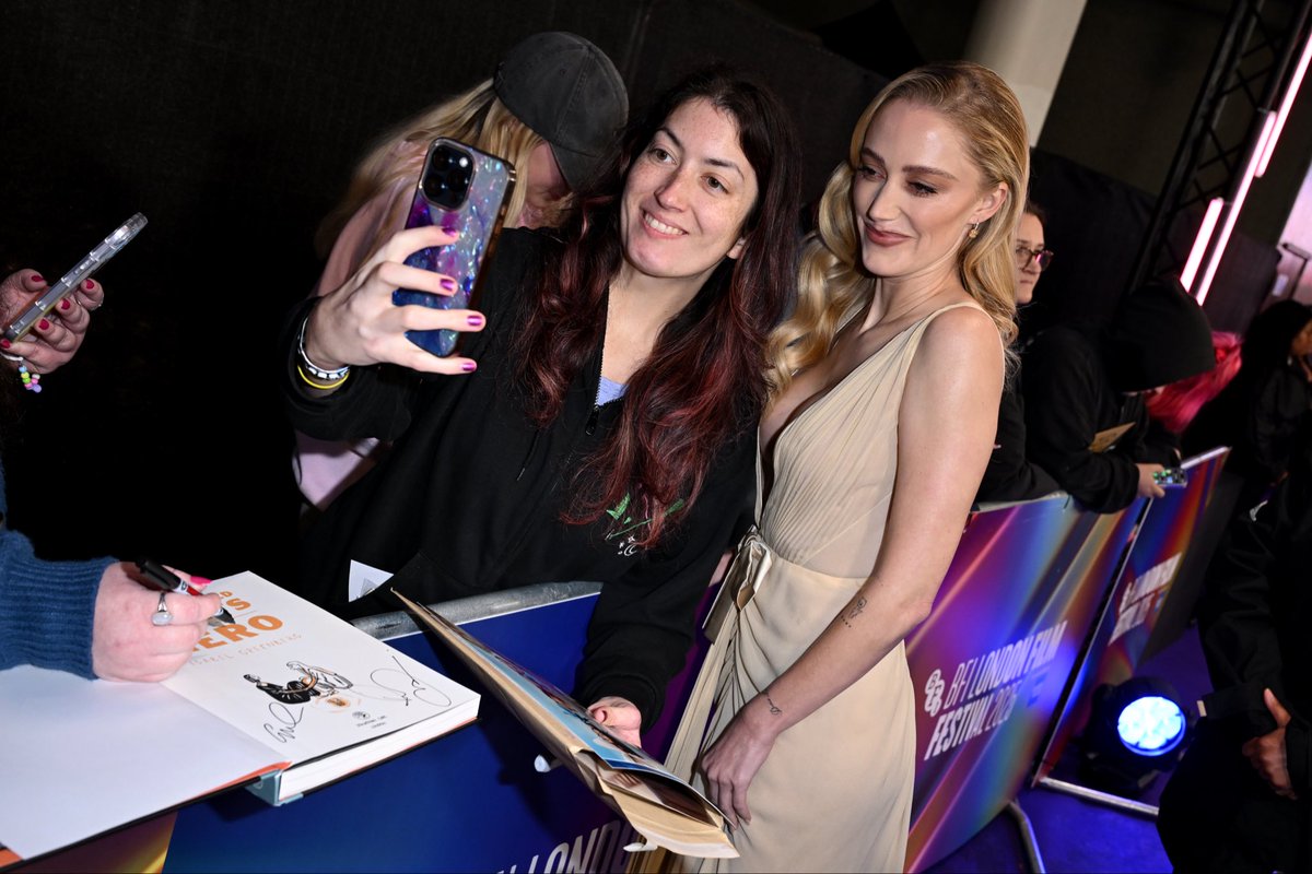 BFI's tweet image. The world of 100 Nights of Hero came alive at the 69th BFI London Film Festival Closing Night Gala. ✨

We were joined on the carpet for the final time this year by Julia Jackman, Amir El-Masry, Felicity Jones, Emma Corrin, Maika Monroe and Richard E. Grant​. 

#LFF