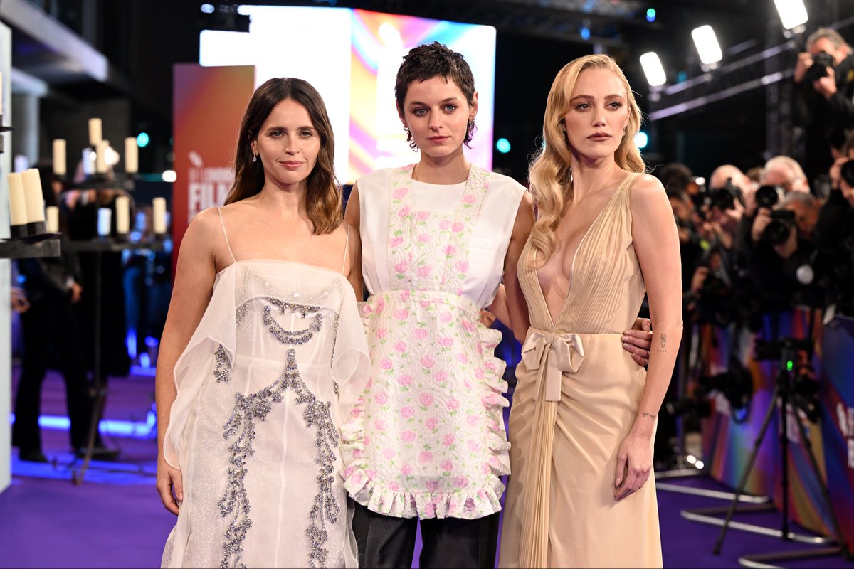 BFI's tweet image. The world of 100 Nights of Hero came alive at the 69th BFI London Film Festival Closing Night Gala. ✨

We were joined on the carpet for the final time this year by Julia Jackman, Amir El-Masry, Felicity Jones, Emma Corrin, Maika Monroe and Richard E. Grant​. 

#LFF