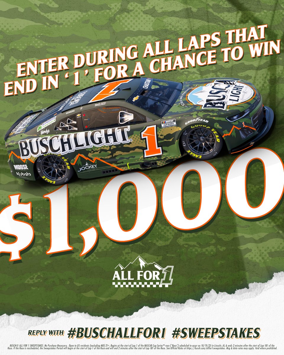 BuschBeer's tweet image. LAP 51: Want a chance to WIN $1,000​?

REPLY NOW using #BuschAllFor1 #Sweepstakes to enter for a chance to win #YellaWood500 @TALLADEGA