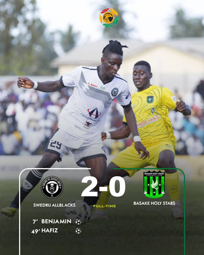 🚨FULL TIME

Swedru All Blacks 2️⃣-0️⃣ Baseke Holy Stars

7’ Benjamin Adjei ⚽️
49’ Hafiz Alhassan ⚽️

⚪️⚫️ #𝐓𝐡𝐞𝐁𝐥𝐚𝐜𝐤𝐌𝐚𝐠𝐢𝐜𝐢𝐚𝐧𝐬