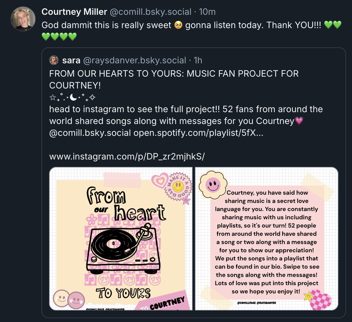 Courtney responds to sweet fan project on Bluesky
–– project by <a href="/raysdanver/">sara 🫧</a> &amp; <a href="/courtchaeng/">nova IS SEEING TWICE</a>
