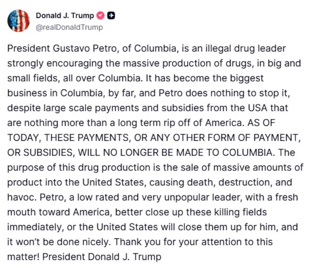 Sobre la declaración de Trump: 

1. Las palabras de Trump son desafortunadas, pero reflejan una preocupación real: Colombia necesita resultados firmes en la lucha contra el narcotráfico. Debemos recuperar la confianza internacional con políticas claras, efectivas y sin ideología