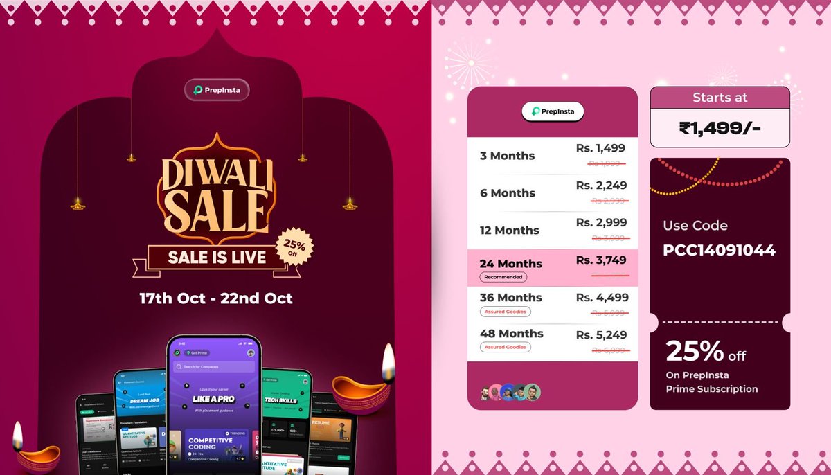 codewithsu's tweet image. 🎆 PrepInsta Diwali Sale is Still Live! 🪔
Missed it earlier? Don’t worry — your festive offer is still on! 🎁
Get FLAT 25% OFF on PrepInsta Prime 💼
Your all-in-one platform for placements, projects & interview prep 🚀
Use Coupon Code: PCC14091044
👉 prepinstaprime.com/purchase