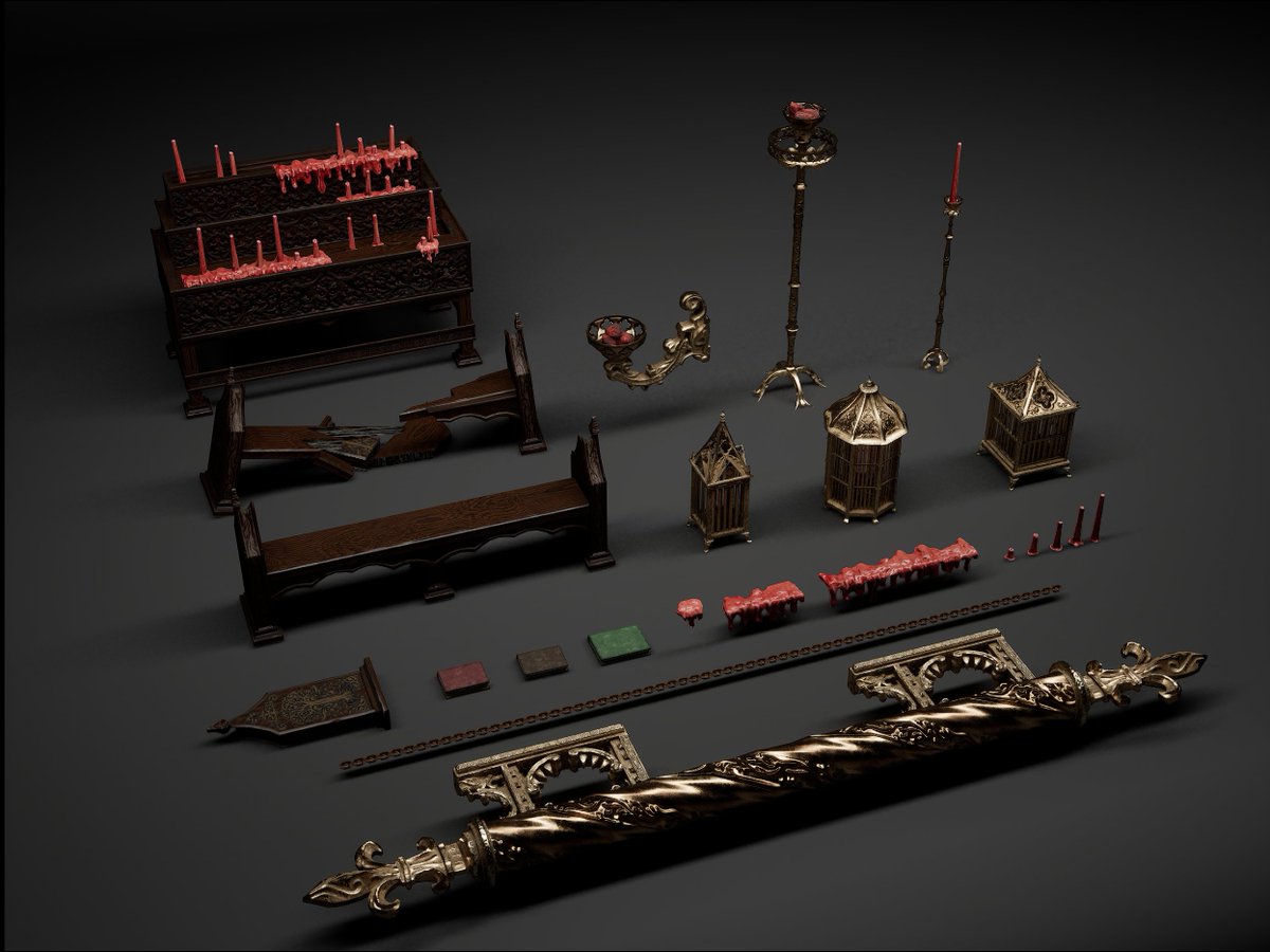 oreoducks's tweet photo. Here's the Trimsheet I used for all my scene's small props

maya for laying everything out and then assembling the props 
zbrush for the high poly prop sculpts ( the wall lamps and the wax)
painter for texturing
UE5 for making it look pretty https://t.co/0olE9DiFHe