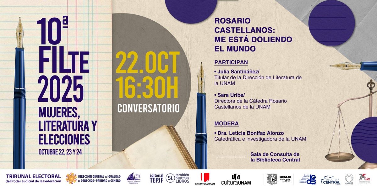 LiteraturaUNAM's tweet image. 🗓️ Este miércoles 22 de octubre, a las 16.30 h, no te pierdas este conversatorio en torno a Rosario Castellanos 💜 con @RaraUribe, @JSantibanez00 y @leticia_bonifaz 📖

📌 Te esperamos en la Sala de Consulta de la Biblioteca Central de la UNAM @bibliotecasUNAM 📚

#FILTE