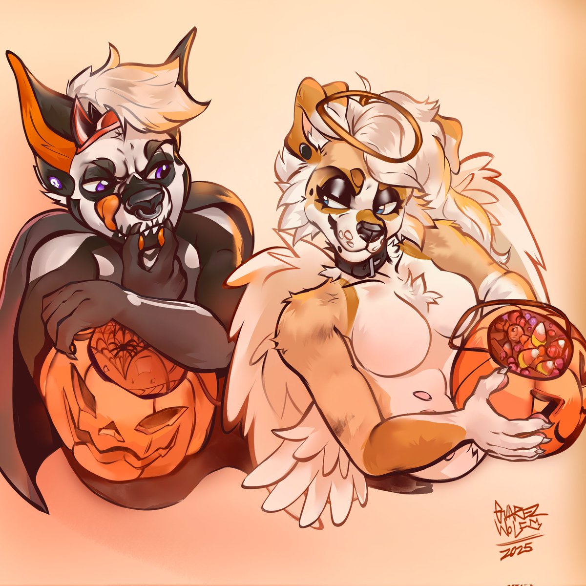 I'm a Trick and she's a Treat.... both can be good too. 😏
.
.
.
Ft. <a href="/pur1npuree/">brandy 【=◈︿◈=】 🔜 Vancoufur 26</a> 
🎨 <a href="/TeCreatureMaker/">GuarezWolf</a> 
Can't stop wont stop with the halloween themed art this season. 🎃