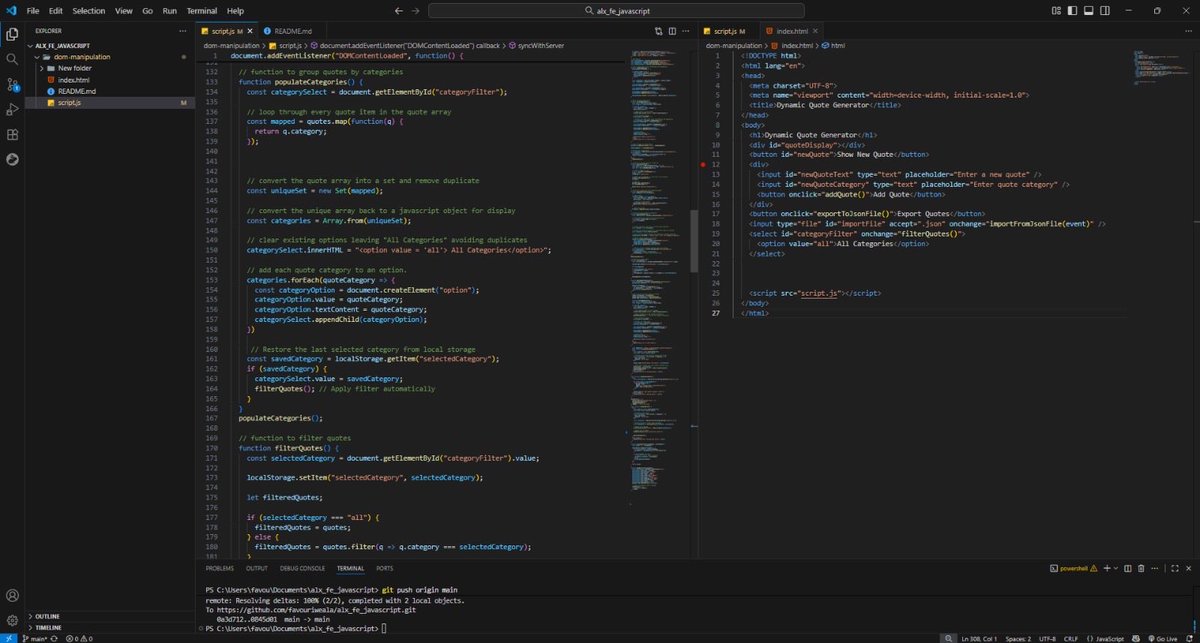 nkeiruka_iweala's tweet image. Day 36 of #100DaysOfCode
Added a category filter to my Dynamic Quote Generator
Takeaway: Learned how to dynamically populate dropdowns and filter data with JavaScript.
Challenge: Spent hours doing some corrections after so many errors
#JavaScript #WebDevelopment #DevCommunity