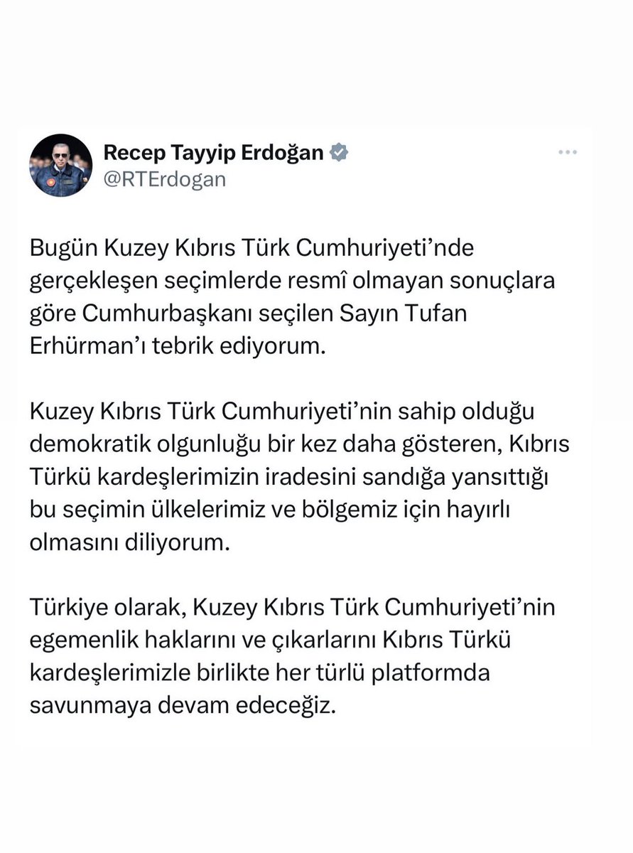 ibrhmclk77's tweet photo. Kuzey Kıbrıs Türk Cumhuriyeti Cumhurbaşkanlığı Seçim sonucunun vatana millete hayırlı olmasını temenni ederim.
#TÜRKİYE
#KKTC https://t.co/vtbtlIoRTs
