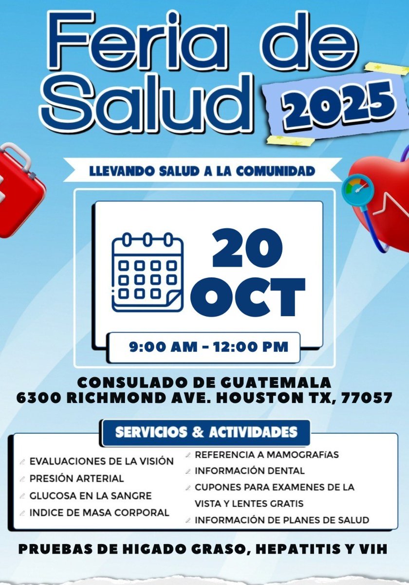 Este 20 de octubre, el Consulado General de Guatemala, Houston, Texas realizará la “Feria de la Salud”, ofreciendo diversos servicios y actividades en coordinación con distintas organizaciones.
¡Te esperamos! 🇬🇹🇬🇹🇬🇹
#GuatemalaCercaDeTi