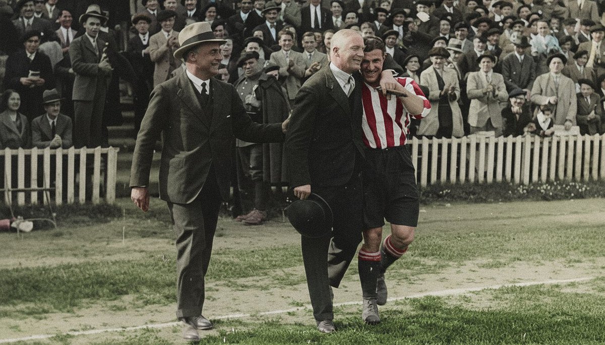 El presidente del Athletic, José María Castellanos, el entrendor, Frederick Pentland y el capitán, Ramón Lafuente, saltan al campo para celebrar el título de Liga de la temporada 1930/31.