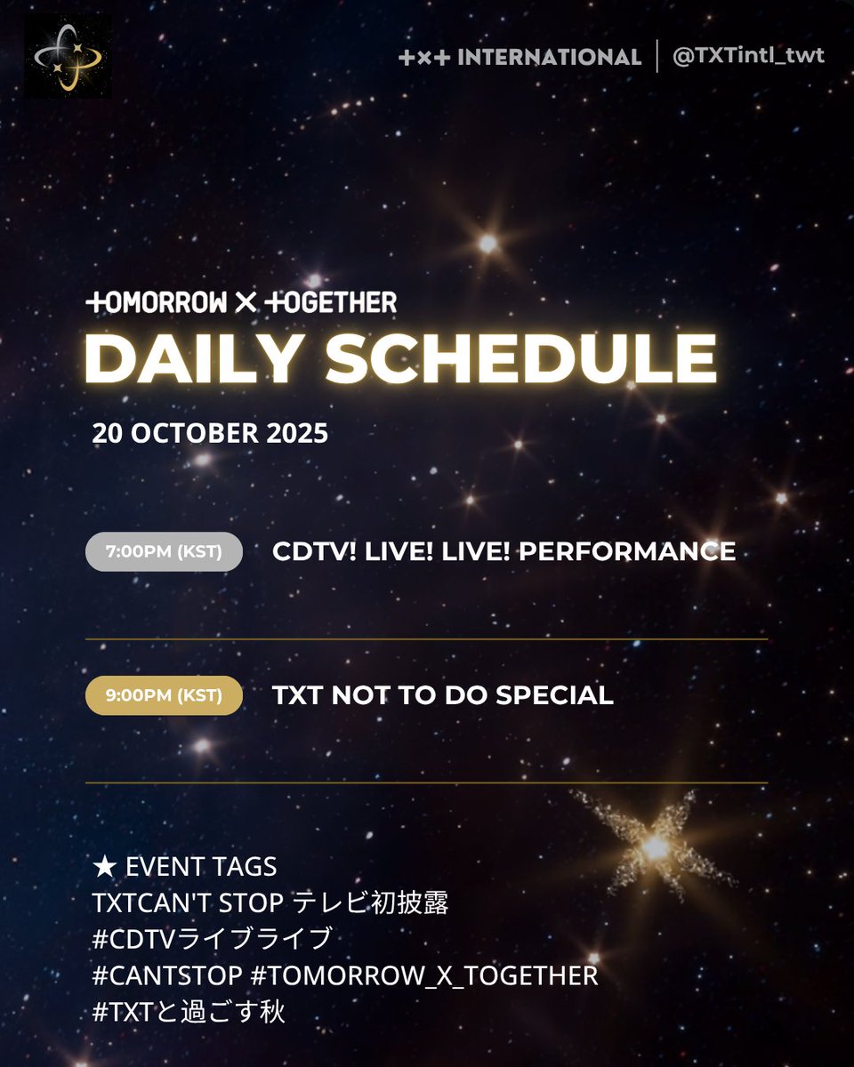 TXTintl_twt's tweet photo. .@TXT_members schedule for October 21.

#TOMORROW_X_TOGETHER https://t.co/r6sVVy4rm1