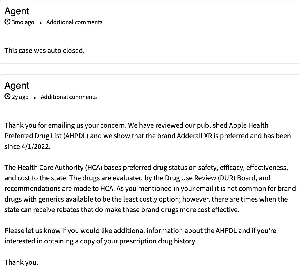 KeenanStorbeck's tweet photo. HCA (Health Care Authority) Response to my questioning about Brand Shire Adderall being filled vs Cheaper Generics? #Kickbacks #Adderall #WA #Truth #Truthalwayscomesout #PharmicistsHaveHeardMeSayThis https://t.co/B7L1b9zmGz
