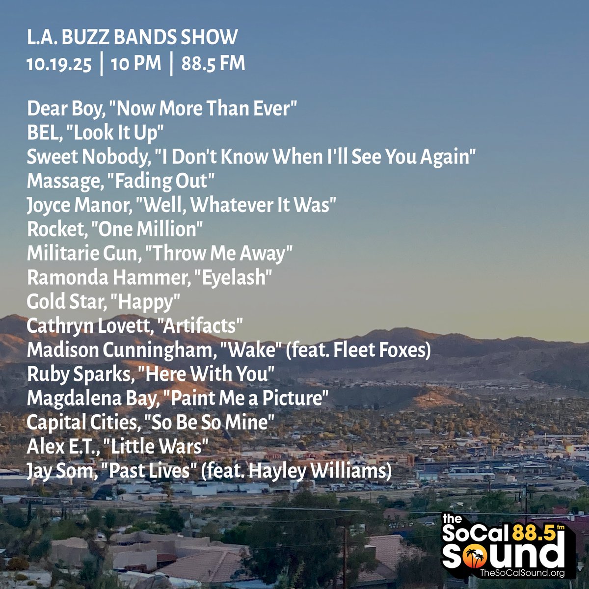 buzzbandsla's tweet image. Coming at 10PM: @BuzzBandsLA Show on 88.5 FM @TheSoCalSound, ft. Dear Boy, BEL, Gold Star, Madison Cunningham, Ramonda Hammer, Magdalena Bay, Ruby Sparks, Sweet Nobody, Massage, Cathryn Lovett, Rocket, Joyce Manor, Jay Som + more ... Tune in!  bit.ly/43hLlqo