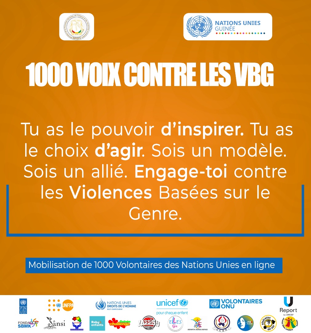 Tu peux être une source d’inspiration. Tu peux être un moteur de changement. Engage-toi contre les Violences Basées sur le Genre ✊ 
 #StopVBG
<a href="/OnuGuinee/">NATIONS UNIES GUINEE</a> <a href="/Onudhguinee/">ONU Droits de l'homme Guinée</a> <a href="/PNUDGuinee/">PNUD Guinée</a> <a href="/UNICEFGuinea/">UNICEF Guinea</a> <a href="/unfpa_guinee/">UNFPA GUINEE</a> <a href="/pvnuguinee/">VNU Guinée</a>