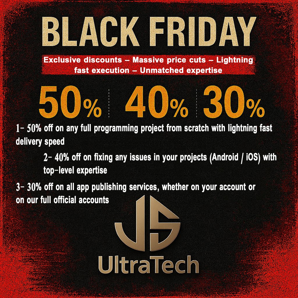 JSUltraTech's tweet image. 💥 عروض JS UltraTech تبدأ قبل البلاك فرايدى نفسه! 💥

في JS UltraTech إحنا مش بنستنى البلاك فرايدى…
إحنا بنبدأه قبل ما هو ييجى! 😎
وعروضنا مستمرة طول الشهر دا وكمان مكملين شهر بعد البلاك فرايدى!
لأننا ببساطة مختلفين عن أى شركة فى المجال 🔥
✨ عروضنا النارية:
1️⃣ خصم 50٪ على أى…