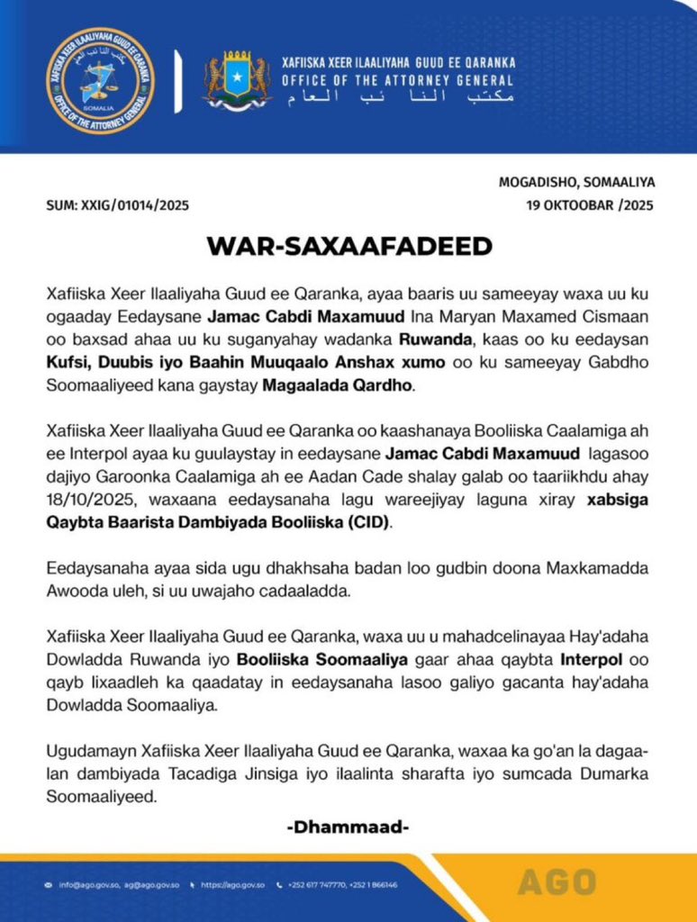 jamila_khadar's tweet image. Somalia’s Attorney General’s Office, in cooperation with Interpol, has extradited fugitive Jama Abdi Mahmud from Rwanda. Wanted for sexual assault and extortion, he will now face justice. ⚖️🇸🇴 #JusticeForSomaliWomen #FugitiveApprehended #SomaliPolice