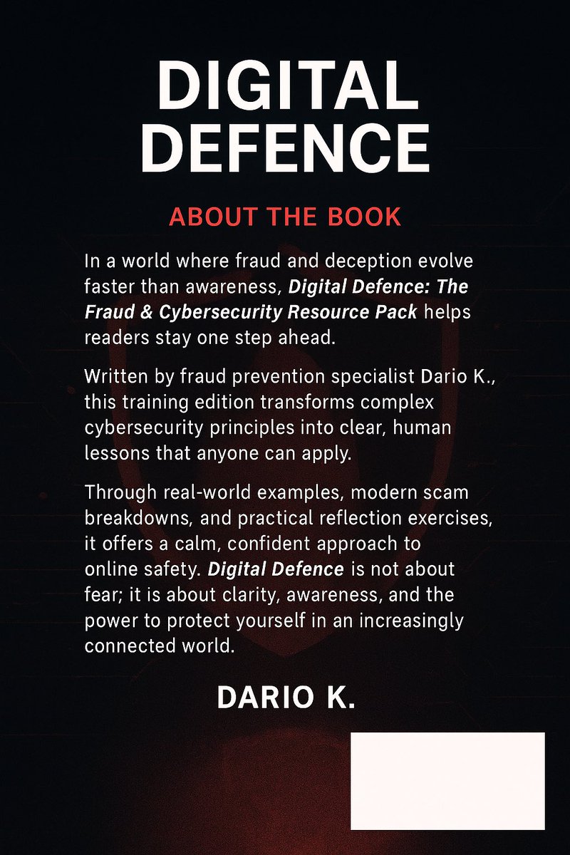 InformeOculto's tweet image. Digital Defence: Financial Crime Survival.

The newest book in my Digital Defence series.

Coming soon.

Your frontline guide to spotting scams, stopping fraud, and protecting what’s yours.

#DigitalDefence #FraudPrevention #CyberSecurity