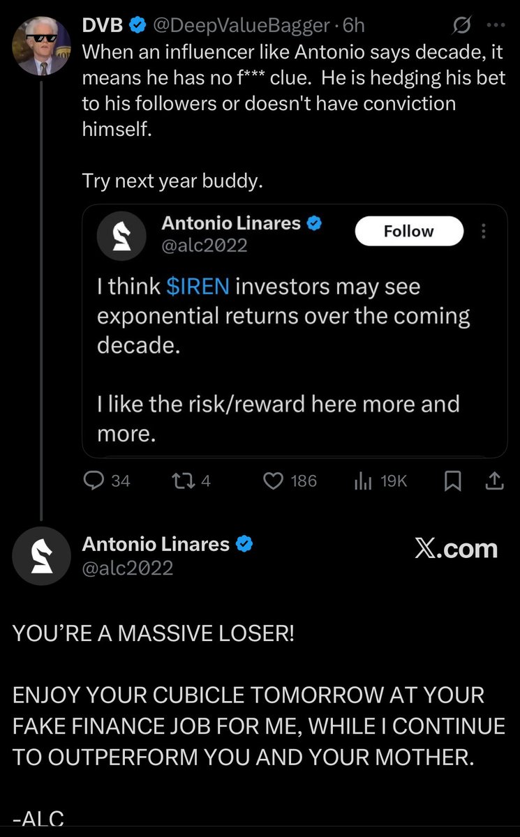 Had to start a “Twitter beef” folder after this one 🔥 🔥 🔥 

Who yall got? <a href="/DeepValueBagger/">DVB</a> or <a href="/alc2022/">Antonio Linares</a> 

Normally fintwit is free of toxicity. In this case it seems like <a href="/DeepValueBagger/">DVB</a> started it. 

Or was this ongoing beforehand? I’m just confused 🤔 

I’ve enjoyed both of